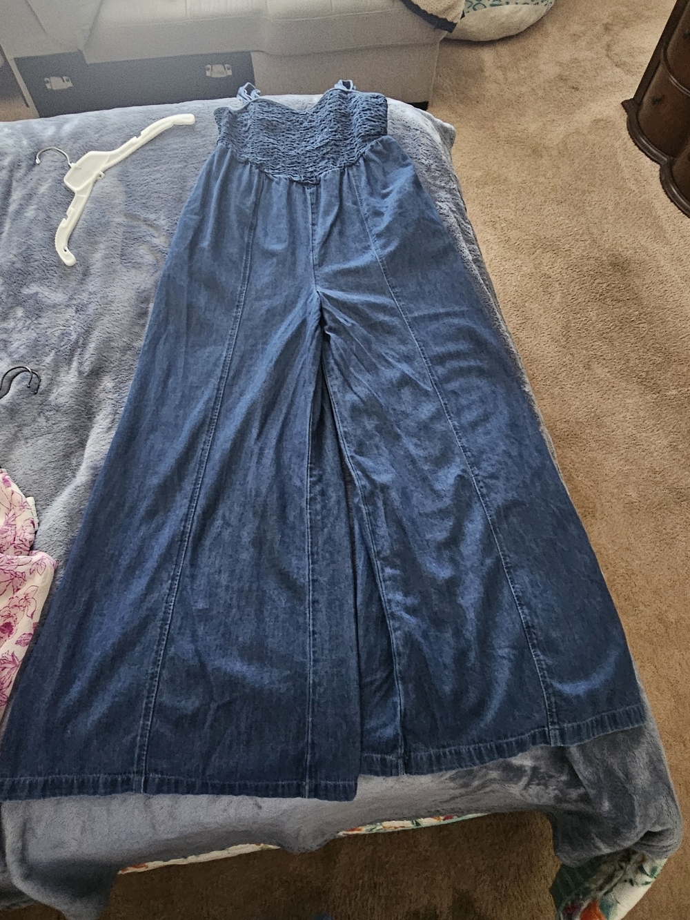 American Eagle Outfitters Dark Blue Smocked Denim Jumpsuit